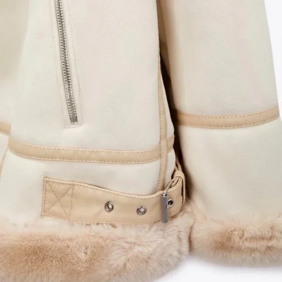 ZARA Women's Faux Suede Double Faced Long Jacket(Ecru, US L/EUR L) - Picture 12 of 16